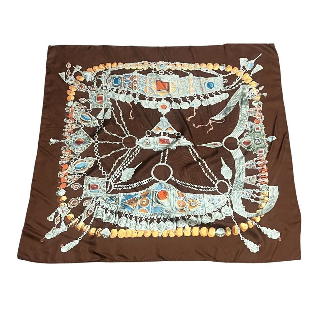 Hermès Carré 90 Terres Precieuses Silk Scarf Brown Hand Rolled France - Picture 2 of 15